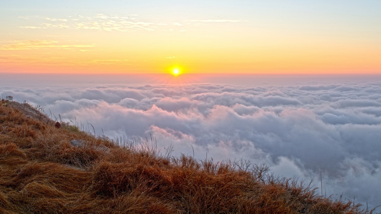 The sun rising over a sea of clouds, seen from a grassy hilltop in the Nandi Hills