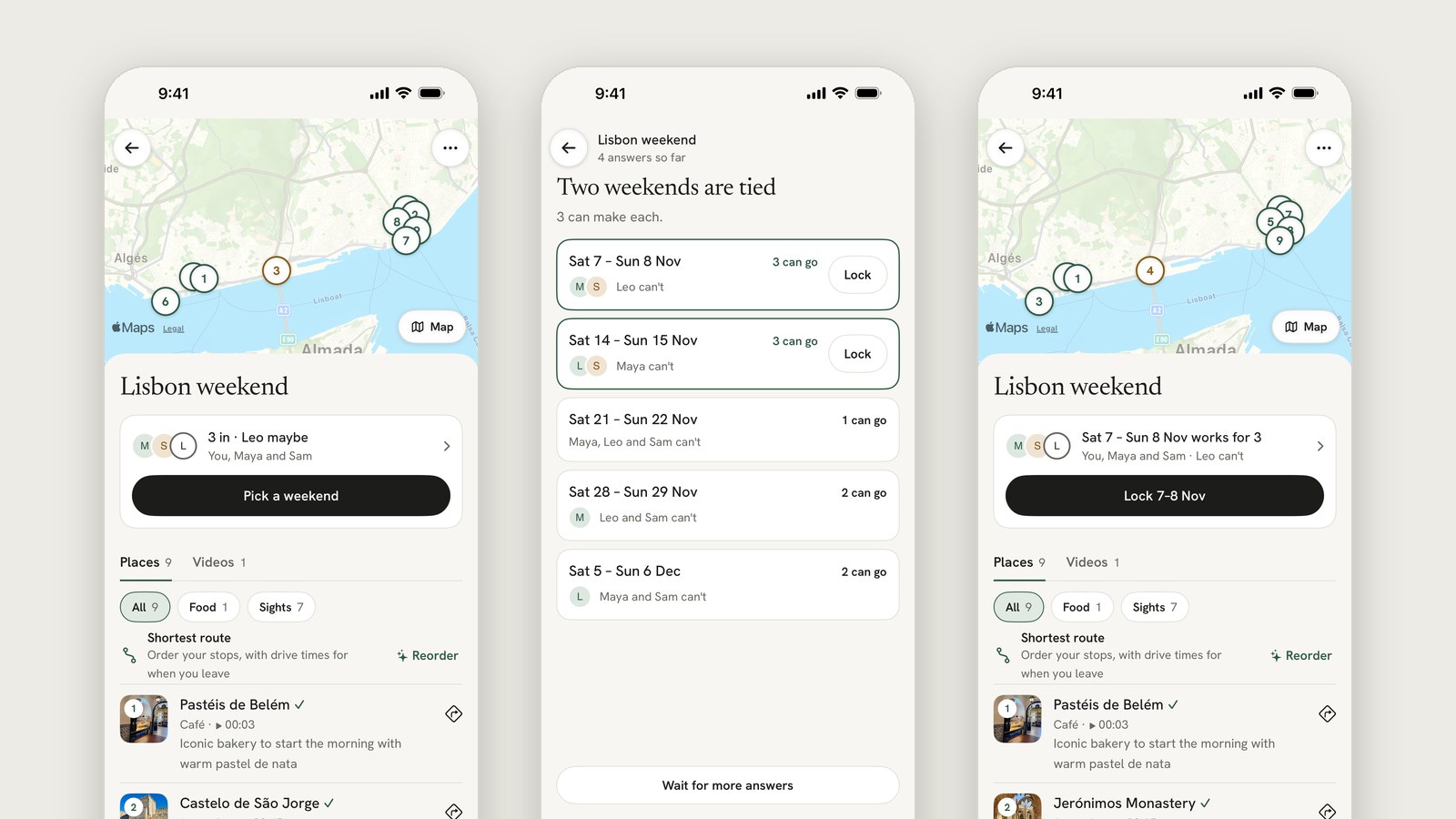 Three Weekend app screens: three friends in and one maybe, two weekends tied on who can go, and the trip locked for the weekend that works for three