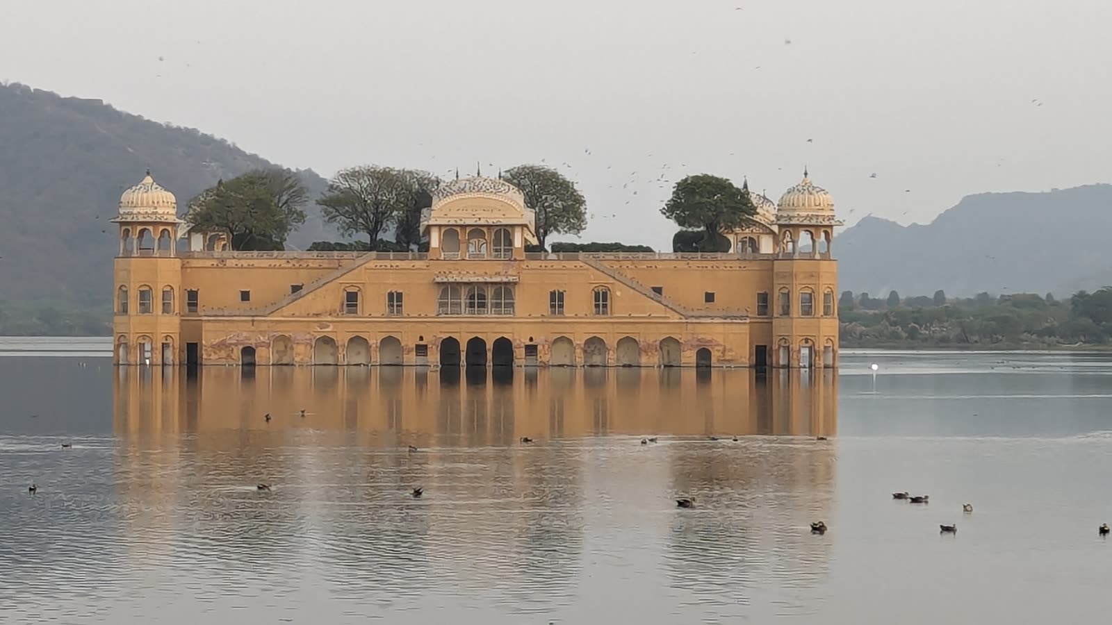 Jal Mahal, a sandstone palace with domed corner pavilions, standing in the still water of Man Sagar Lake with hills behind