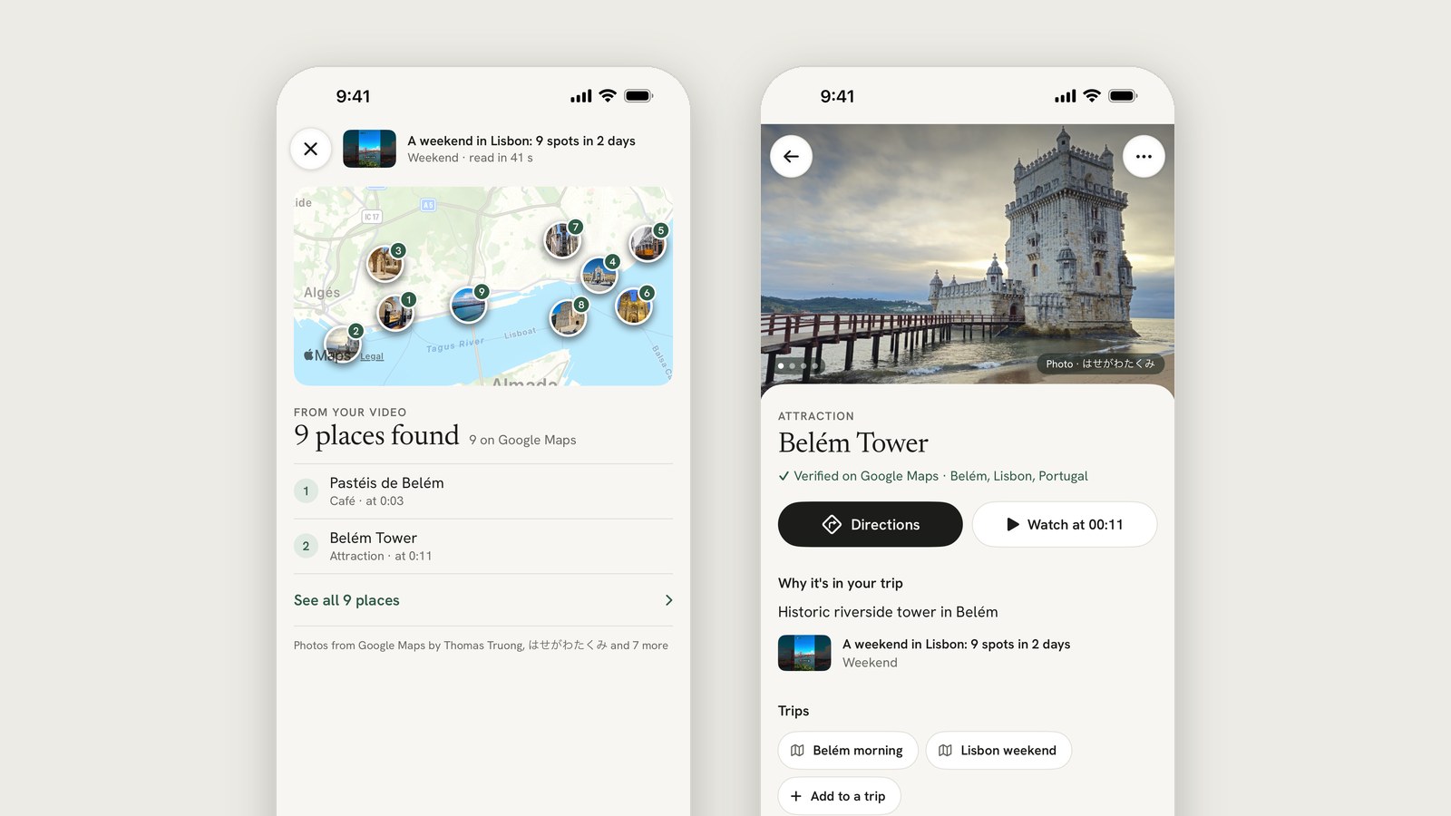 Two Weekend app screens: nine places found in a Lisbon travel video, shown on a map, and Belém Tower with a button to watch the moment it appears