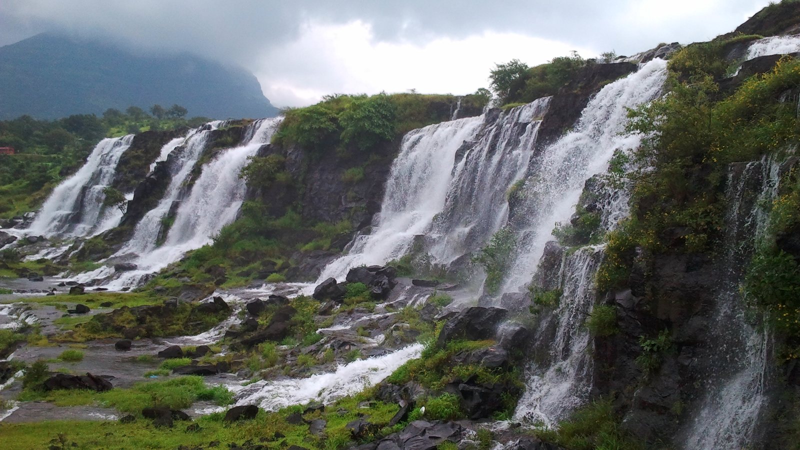 Several wide waterfalls pouring over dark rock into a green valley at Bhandardara, under low clouds