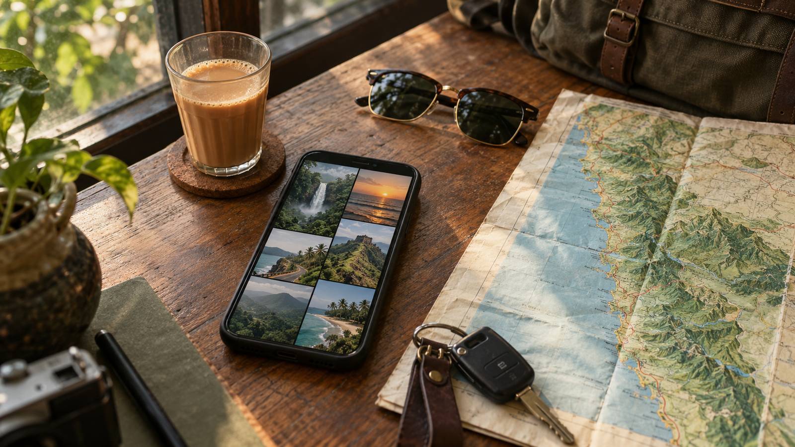 A phone showing travel videos of a waterfall, a beach and a hill fort, beside a paper map of the Konkan coast, a glass of chai and car keys