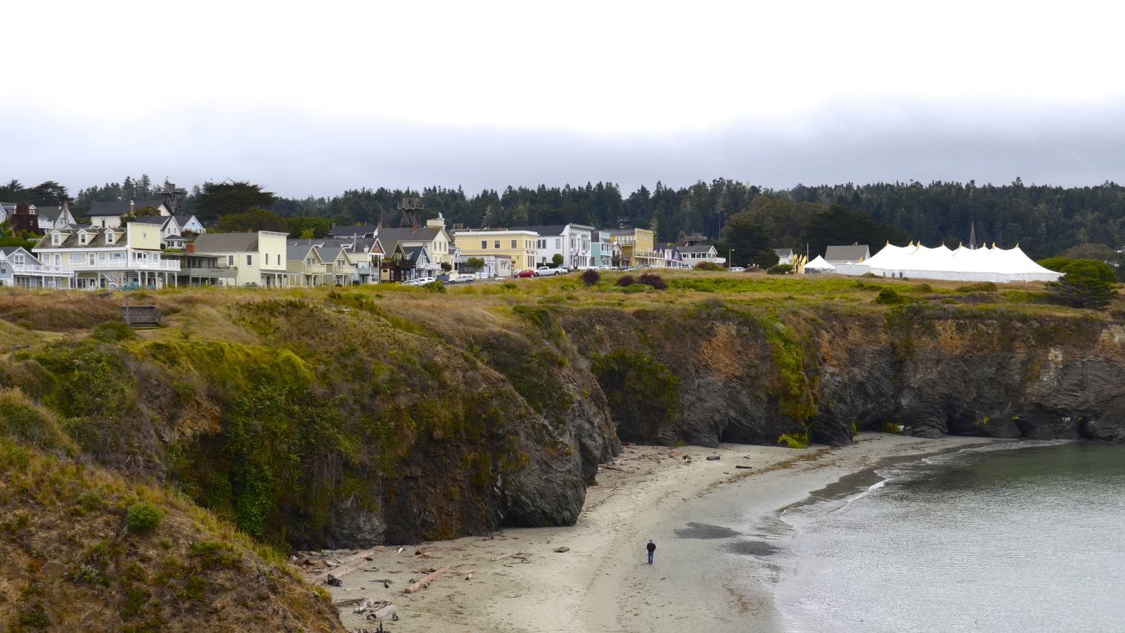 Mendocino's wooden houses on a grassy headland above cliffs and a small sandy beach