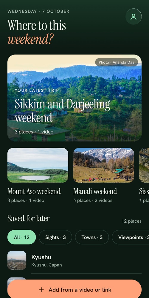 Home screen with saved trips