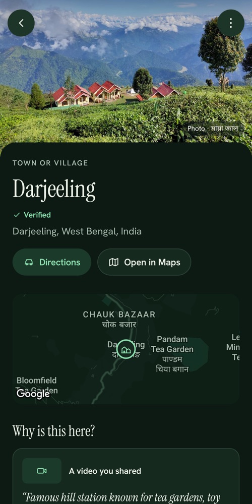 Darjeeling in Weekend: a photo of the tea gardens, verified on Google Maps, with the video it came from