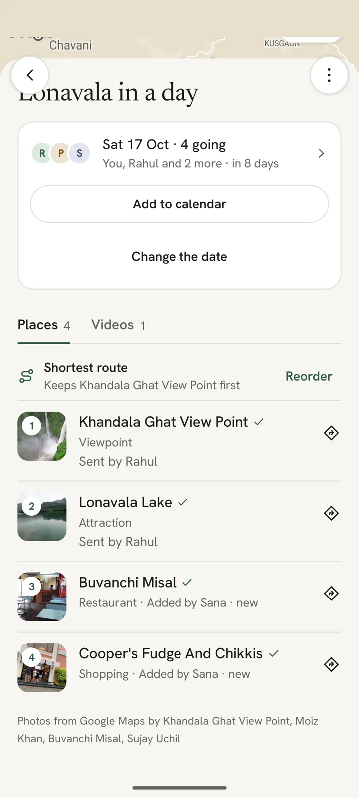 The plan's places: Buvanchi Misal and Cooper's Fudge And Chikkis, added by Sana