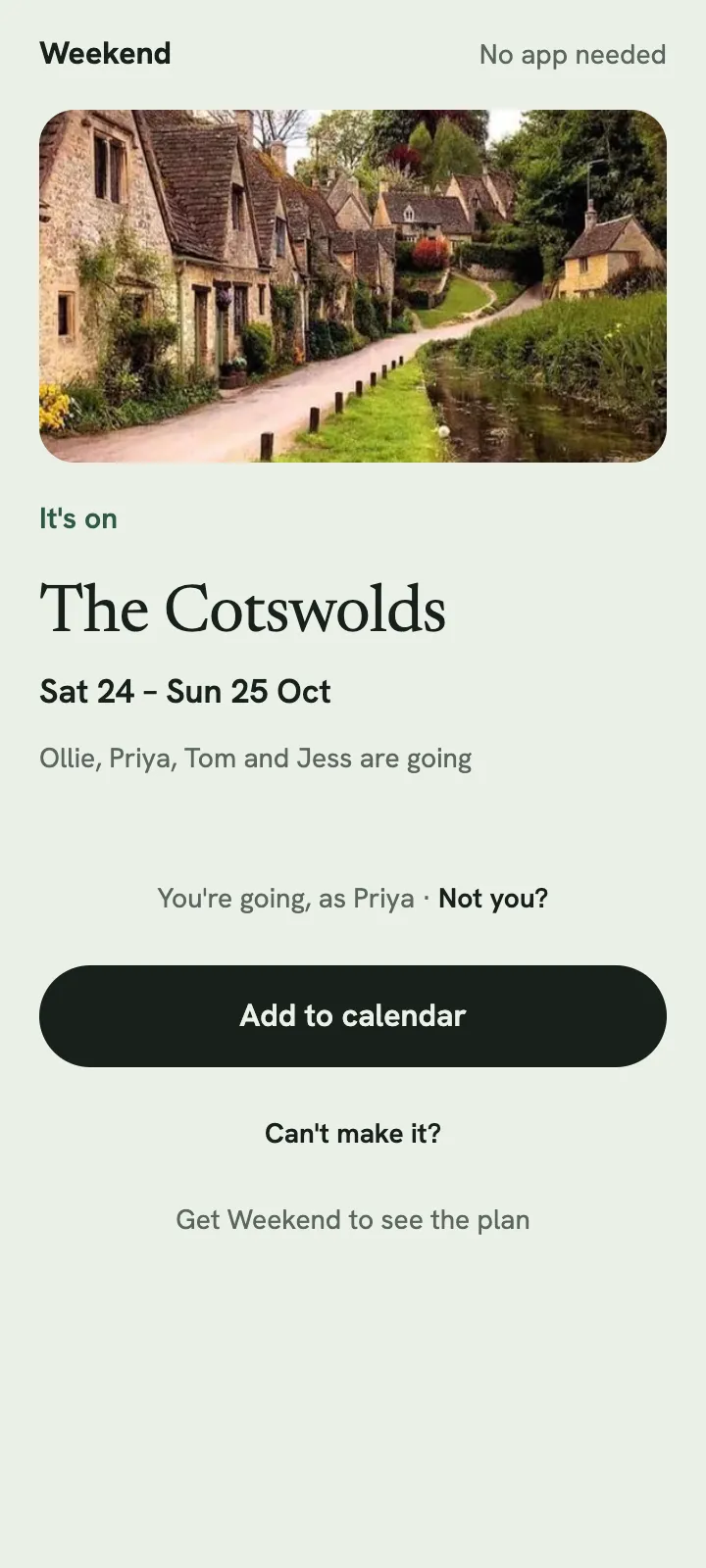 What a friend sees in their browser once it's on: The Cotswolds, Saturday 24 to Sunday 25 October, Ollie, Priya, Tom and Jess going, no app needed