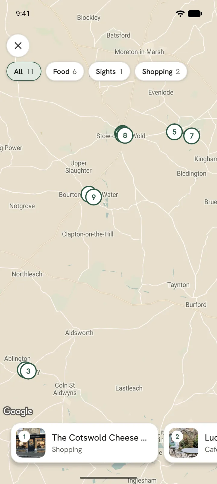 The trip's full map: numbered places around Stow-on-the-Wold and Bibury, with Food, Sights and Shopping filters