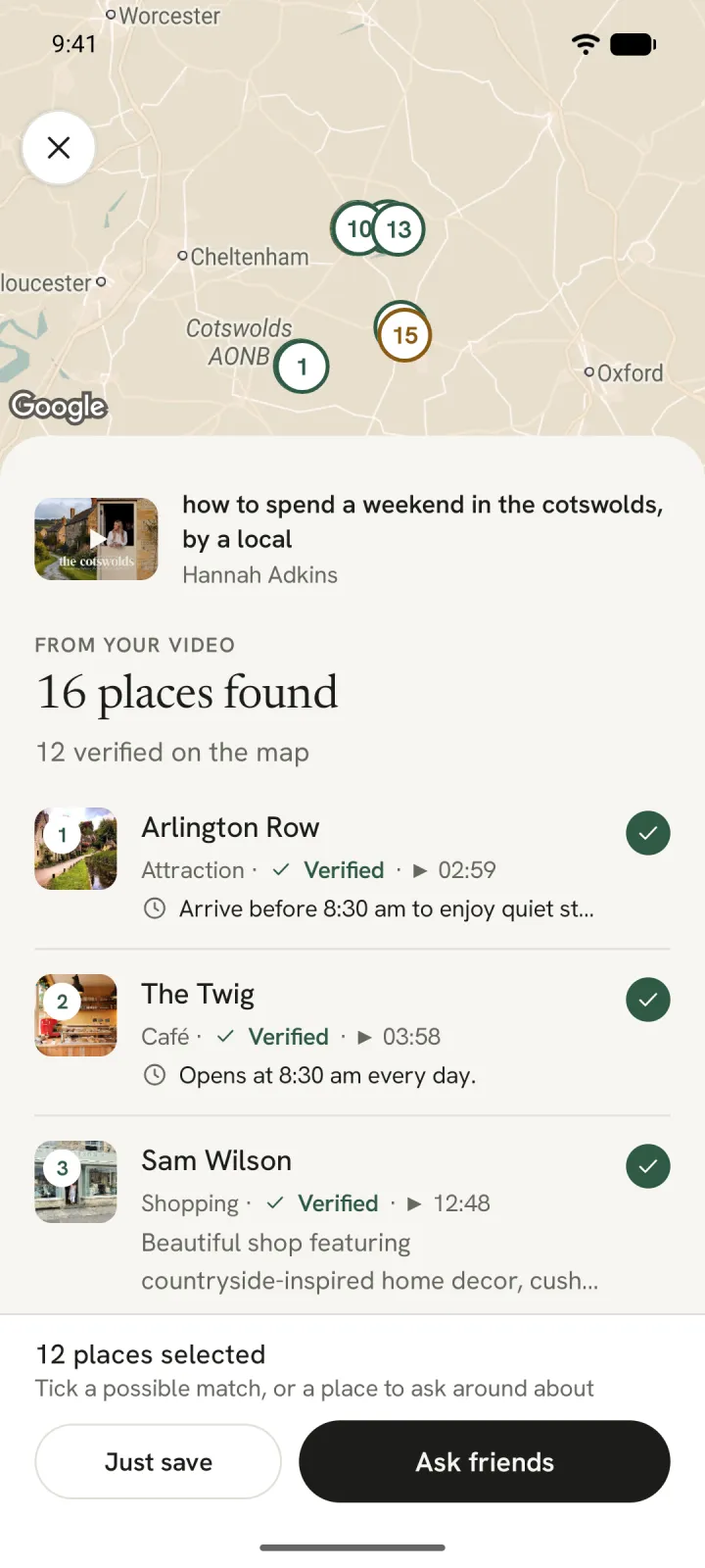 16 places found in a Cotswolds vlog, 12 checked on Google Maps, with the creator's tips, on a map