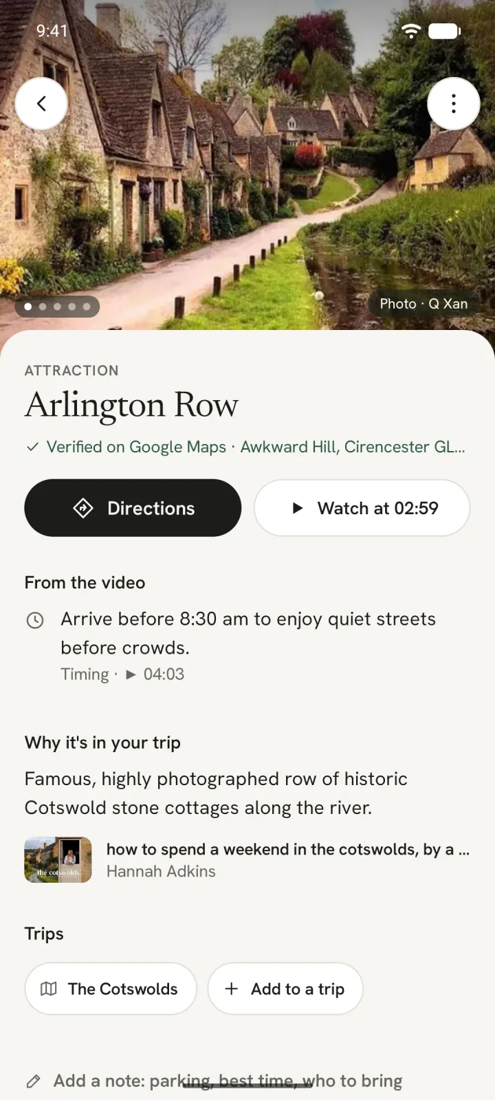 Arlington Row in Bibury, with the creator's tip from the video: arrive before 8:30 am to enjoy quiet streets before crowds