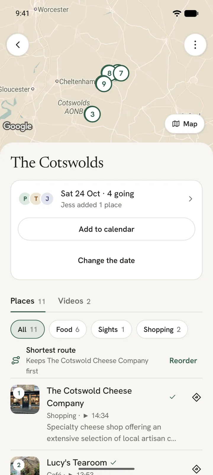 The Cotswolds trip: Saturday 24 October, 4 going, with its places on a map