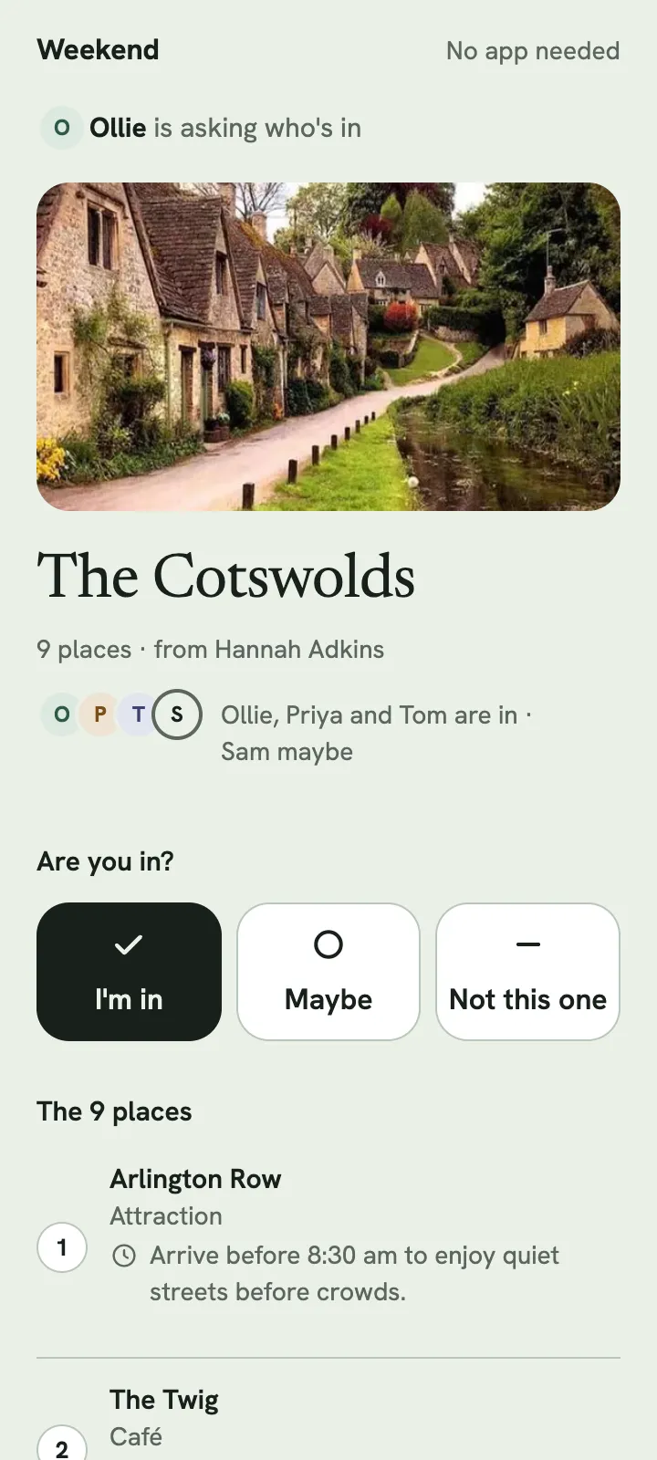 The vote page in a phone browser: Ollie is asking who's in for The Cotswolds, with I'm in, Maybe and Not this one