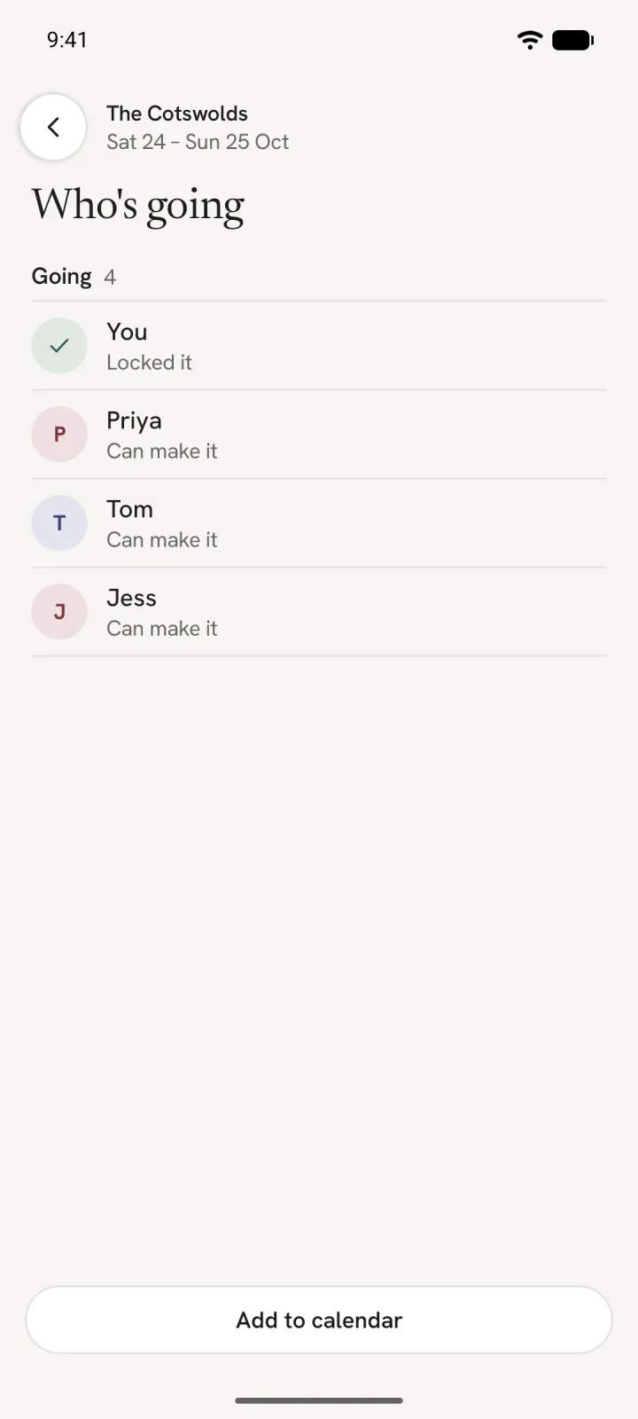 Who's going: you, who locked it, Priya, Tom and Jess