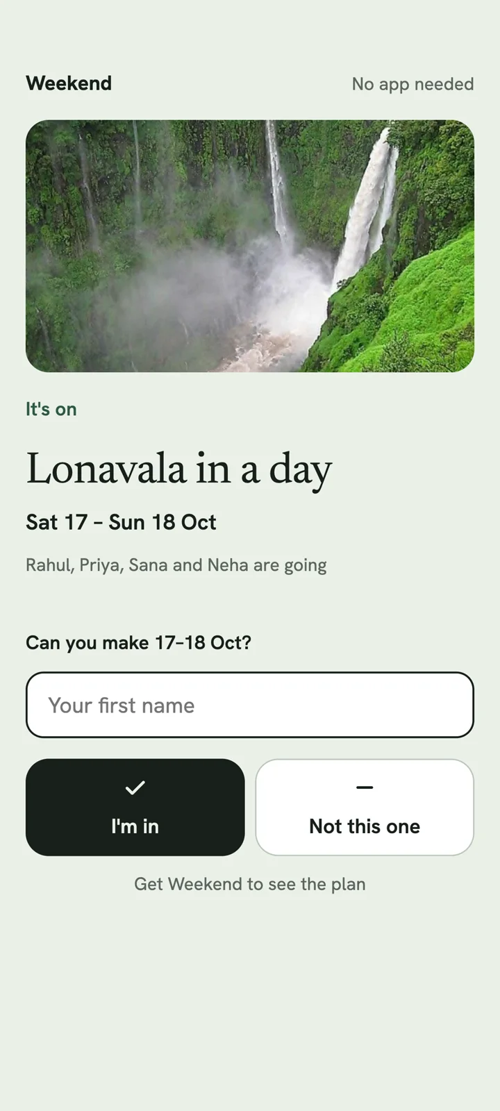 What a friend sees in their browser once it's on: Lonavala in a day, Saturday 17 to Sunday 18 October, Rahul, Priya, Sana and Neha going, no app needed
