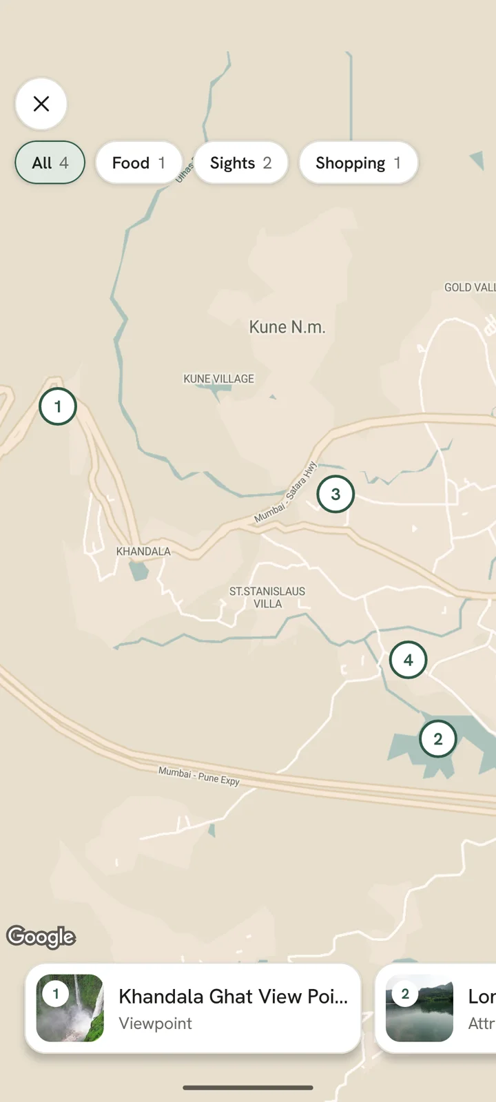 The trip's full map: four numbered places around Lonavala, with Food, Sights and Shopping filters