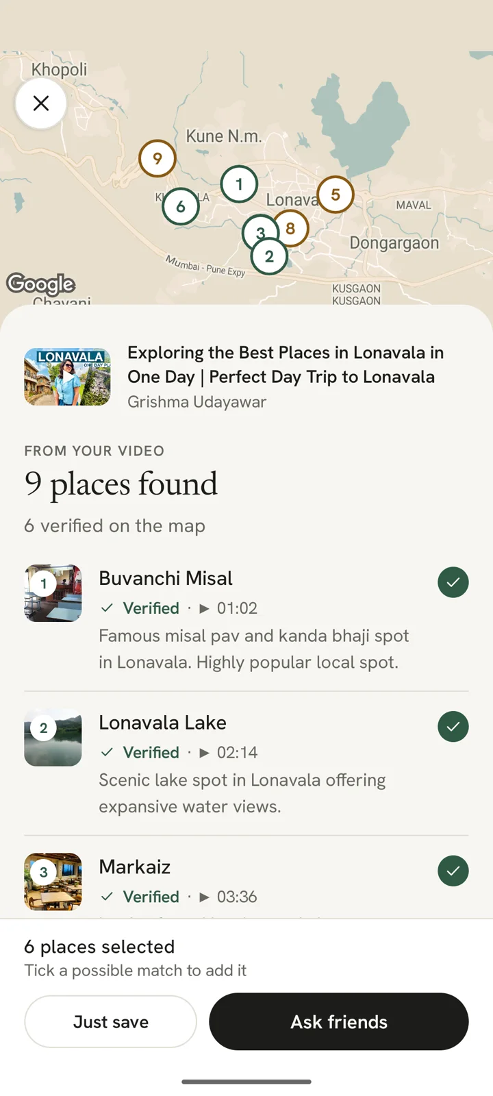 9 places found in a Lonavala video, each checked on Google Maps, on a map
