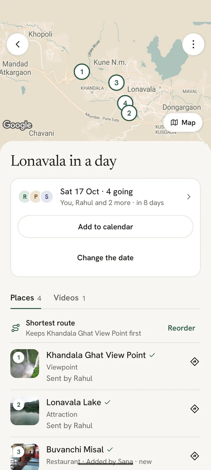 The Lonavala trip: Saturday 17 October, 4 going, with its places on a map