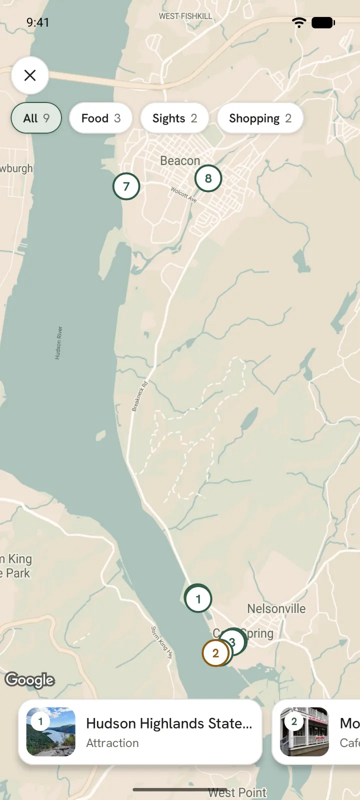 The trip's full map: numbered places from Cold Spring up to Beacon along the Hudson, with Food, Sights and Shopping filters
