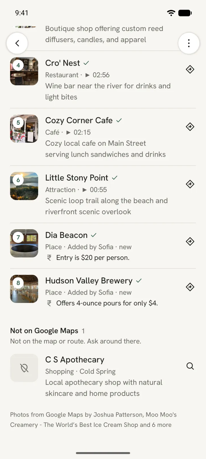 The trip's Not on Google Maps section: C S Apothecary in Cold Spring