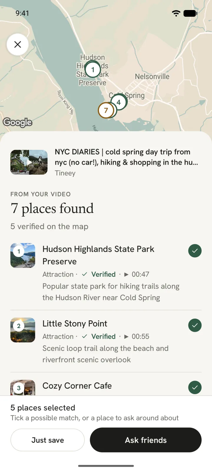7 places found in a Cold Spring day-trip vlog, each checked on Google Maps, on a map