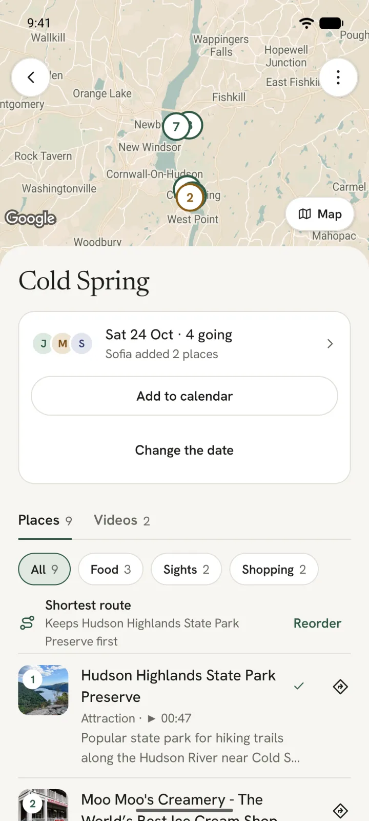 The Cold Spring trip: Saturday, October 24, 4 going, Sofia added 2 places, with its places on a map