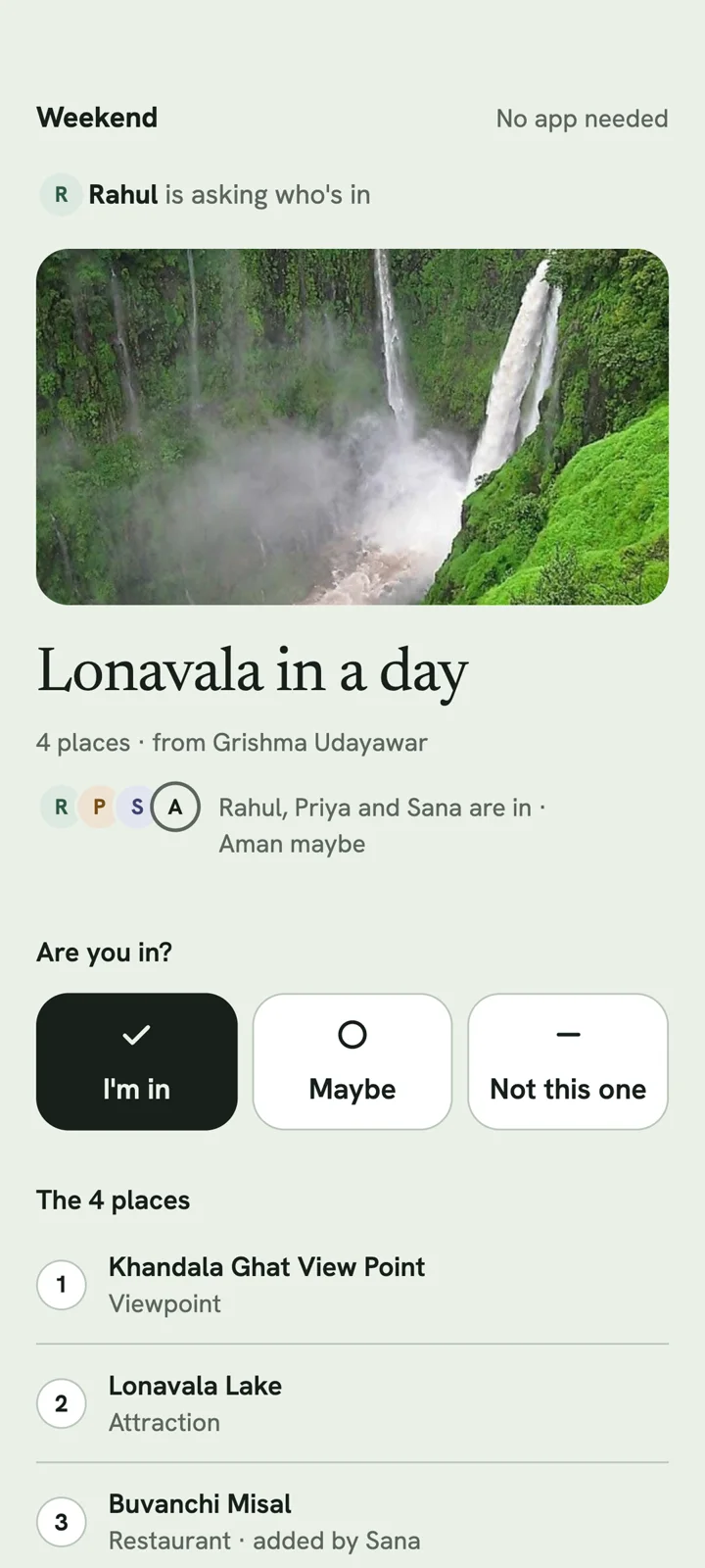 The vote page in a phone browser: Lonavala in a day, with I'm in, Maybe and Not this one